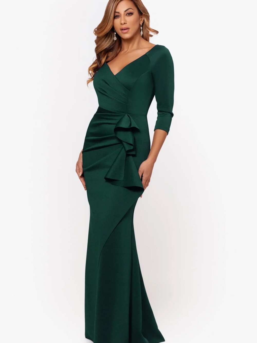 Xscape Emerald Green V-Neck Ruffle-Detail Maxi Dress